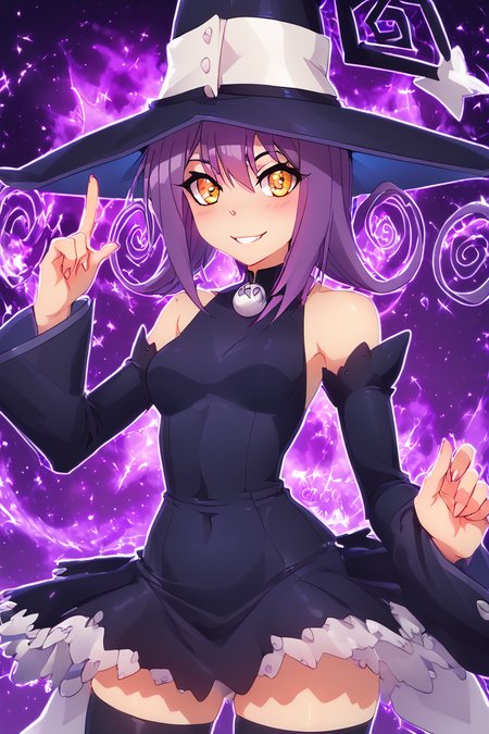 score_9, score_8_up, score_8, medium breasts, (curvy), cute, eyelashes,       BREAK, , zzBlair, 1girl, solo, yellow eyes, purple hair, witch hat, witch, detached sleeves, black short dress, thighhighs,  <lora:Blair_SoulEater_PDXL_v1:1.0>, , BREAK, (warm colors), smile, looking at viewer, cowboy shot, ,,, embedding:zPDXL, Expressiveh, ,,, <lora:PrismaIllya_PDXL_v3:1.0>, <lora:SDXLFaeTastic2400:0.5>, <lora:Expressive_H-000001:0.4>,