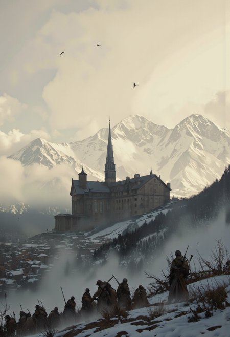 Art by Richard Anderson. A digital illustration shoot from a bird's eye view about a futuristic landscape featuring a large, imposing building surrounded by snow-capped mountains under a cloudy sky. the image also shows a distant cityscape with a distant mountain range covered in snow. on the left side of the image, a group of armored soldiers can be seen standing in a mountainous landscape. the soldiers are positioned in the foreground, facing away from the camera, and appear to be engaged in a battle. in the background, there is a large building with a tall tower and a sloping roof, set against a backdrop of snow-covered mountains. the scene is set in a foggy, mountainous landscape with a few birds flying in the sky, adding to the dramatic atmosphere. the overall mood is ominous and dramatic, with a sense of foreboding.