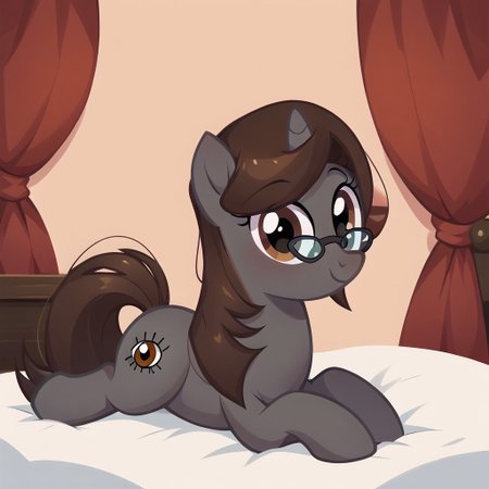 masterpiece, perfect detail, best high quality, source_pony, show accurate, cute, 1girl, solo, female, oc:sonata, glasses, pony, full body, butt, tail, laying on stomach, laying on bed, bed, bedroom, smile, closed mouth, beautiful, looking at viewer, score_9, score_8_up, score_7_up, score_6_up, score_5_up, score_4_up
