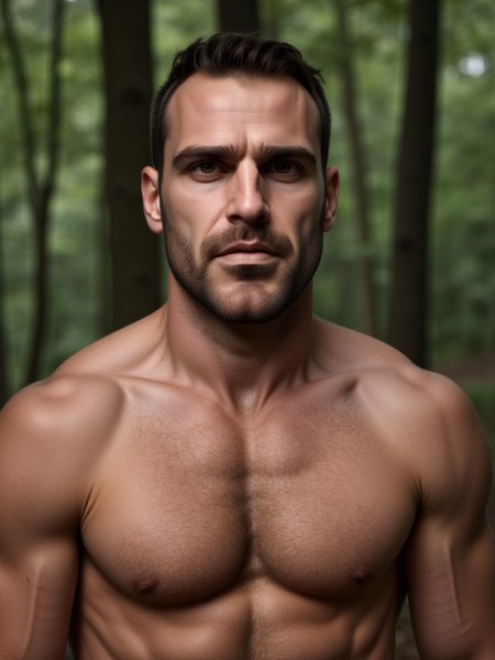 Pars has brown eyes.  He is an attractive man and is muscular.He stands in an enchanted environment. It is night and fireflies fly around him. They illuminate him. A fluorescent aura surrounds him. He wears white linen trousers, a white mesh cloak covers his shoulders and arms. His hairy chest is open.