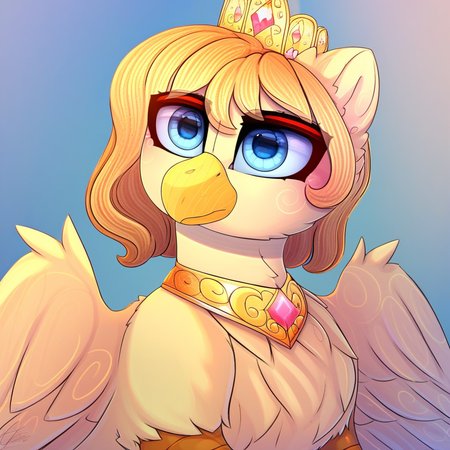 masterpiece, score_9_up, score_8_up, score_7_up, score_6_up, source_furry, (best quality:1.1), ultra-detailed, high resolution, solo, highly detailed macro illustration, solo, gloria_iv, kaiserin, griffon, griffon oc, avian, beak, feral, female, blonde hair, medium hair, (beautiful detailed blue eyes), feathers, fluffy ears, wings, cute expression, crown, upper body, portrait, simple background BREAK Highly Visible, sharp focus, perfect lighting, anatomically correct, extremely detailed, high detail, Expressiveh
