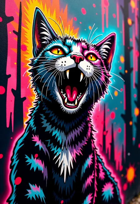 <lora:Graffiti_Characters2_FLUX-000011 (1):0.9>
This is a vibrant, stylized digital drawing set against a dramatic, abstract background, of a  an angry cat hissing
