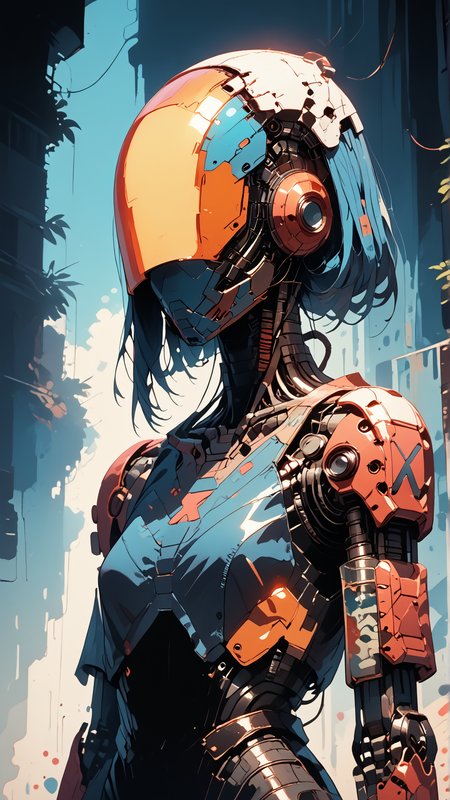 score_8_up, score_7_up, <lora:Hyper-Robot_ponyXL_LOREVER:0.7>  hyperobot, cyberpunk, reflective, chromed robot joints, perfect contrasts, keep details in shadows, integral helmet