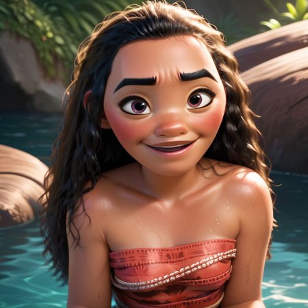 score_9, score_8_up, score_7_up, score_6_up, score_5_up, score_4_up, rating_explicit, Moana, in shallow water, laying sitting, small breasts, embarrassed smile, blushing, lots of pubic hair, looking up at viewer, wet, light brown eyes