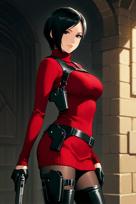 <lora:ada_wong_re_illus:0.7> ada wong, black hair, short hair, black eyes, large breasts, red sweater, turtleneck, chest harness, pantyhose, black gloves, half gloves, black belt, pistol holster, 1girl, solo, looking at viewer, smile, thighhighs, jewelry,  standing, weapon, boots, belt, black footwear, lips, gun, thigh boots, bob cut, high heel boots, sweater dress, thigh holster,  shoulder holster, black thighhighs, anime coloring, pistol holster on belt, medieval cities, more detail, cowboy shot, side view,