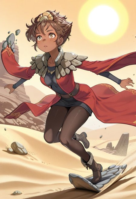 score_9, score_8_up, score_7_up, score_6_up,high quality,masterpiece,uhd,dramatic effect,cinematic effect, soonstyle, mature, medium breasts,
T4liy4h, rock collar, brown hair, dark skinned, red robe, pantyhose, rock crown, undershirt, boots, brown eyes, freckles, sand surfing, desert, flying rocks, sand, sun, pebbles,