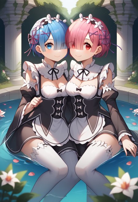score_9,score_8_up,score_7_up,<lora:ram_rem_pony:1>,2girls, artist_name, blue_eyes, blue_hair, cleavage, commentary, dated, frills, hair_over_one_eye, hair_ribbon, highres, long_hair, looking_at_viewer, maid_headdress, medium_breasts, partially_submerged, pink_hair, pink_ribbon, ram_\(re:zero\), red_eyes, red_ribbon, rem_\(re:zero\), sisters, smile, star_\(symbol\), twins, x_hair_ornament