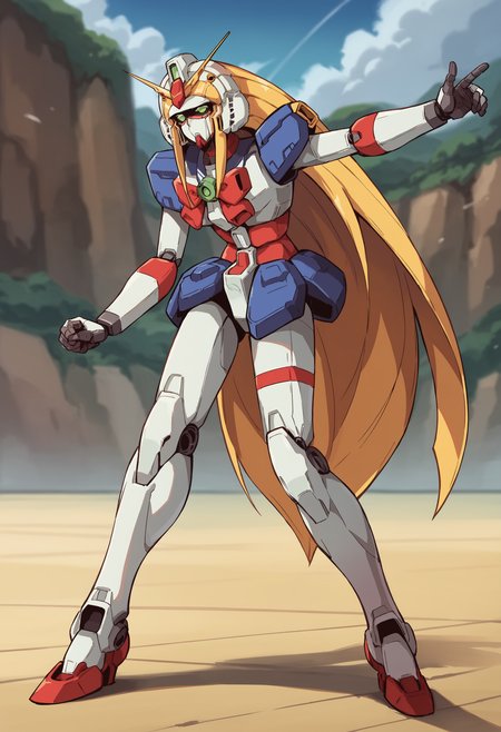 score_9, score_8_up, score_8, source_anime,  <lora:NobelGundamF:0.85> solo, robot, mecha, green eyes, no humans, long hair, very long hair, blonde hair, v-fin, bow, red bow, looking at viewer, full body, action pose,
(grasslands background), blurry background,