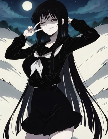 score_9,score_8_up,score_7_up,score_6_up,score_5_up,score_4_up,1girl,<lora:hagoromogitsune:0.9> hagoromogitsune,shaded face,monochrome girl,empty eyes,black hair,pale skin,white skin,very long hair,large breasts,one eye closed, smile,looking at viewer,school uniform,black serafuku,serafuku,black shirt,black skirt,arm up,tongue out,peace sign,night,outdoor,anime screencap