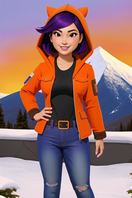1girl, asian, brown eyes, orange parka, hoodie, jeans, belt, black and violet hair, lipstick, posing, next to wall, upper body focus, (pointing pose:1.15), smile, breasts, snowy forest background mountains,  <lora:KennyPanderverse:0.42>, masterpiece, highest quality