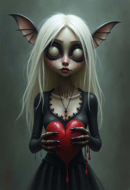 A stylized caricature of a dark female figure with a hollow chest with an empty hole in the middle. Her hair is light, almost white. She holds a bleeding, dark red and torn, broken  heart in both hands in front of her chest. The figure has exaggerated, elongated features, large sorrowful eyes, and a melancholic yet endearing expression. The atmosphere is eerie but sweet, with a soft glow highlighting the creature’s delicate sadness. Intricate gothic details adorn her body, with torn lace and faintly glowing cracks along her form. The background is misty and dimly lit, evoking a dreamlike, almost whimsical gothic fairytale aesthetic. The painting features muted color palette and a dezent monochromatic scheme, primarily with shades of black, white, and silver. 
