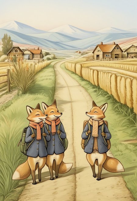 Bpstyle, 3fox,  three  anthropomorphic fox going to school, countryside, path, jacket, holding backpack, scarf, happy