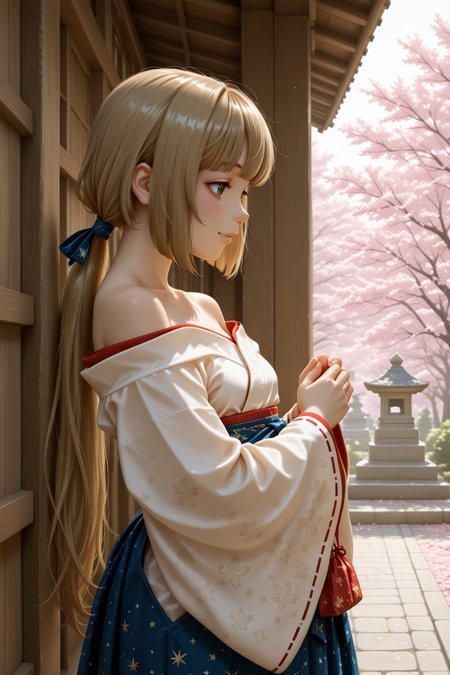 masterpiece, best quality, amazing quality, 1girl, solo, makeup, general, blush, upper body, smile, from side, outdoors, cherry blossoms, shrine, torii, holding traditional bag, closed_up, serene, miko, day, sunlight, sky, cloud, <lora:Yorita_Yoshino_Cinderella:0.7>, Yorita_Yoshino_Cinderella, long hair, brown hair, very long hair, brown eyes, blunt bangs, hair ribbon, low ponytail, <lora:Celestial_Shrine_Maiden_Outfit:1>, Celestial_Shrine_Maiden_Outfit, long sleeves, bare shoulders, japanese clothes, wide sleeves, off shoulder, blue hakama skirt, blue hakama, bow, blue bow, star print, sash, obi, collarbone, star(symbol), starry sky print, constellation print, long skirt, socks, ribbon trim, ribbon-trimmed sleeves, zouri, miko, <lora:wai-2Rectified-V140:1>, <lora:illustrious_noobai_epsilon_pred_1_masterpieces_v1:1>