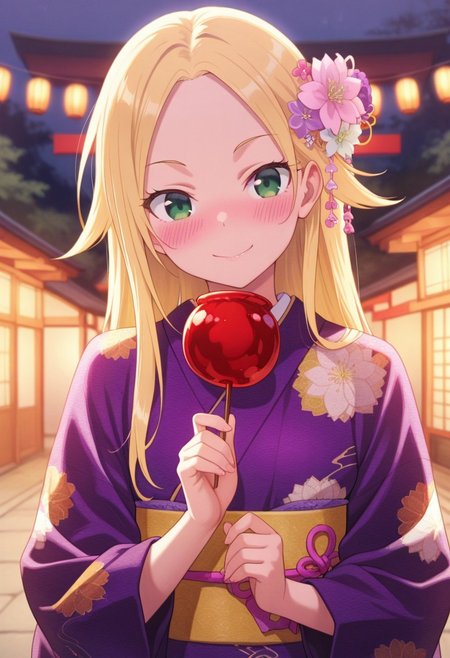 masterpiece,best quality,amazing quality, matsugazaki karen, blonde hair, green eyes, long hair, 1girl, japanese clothes, kimono,  food, solo, hair ornament, hair flower, flower, candy apple, blush, smile, purple kimono