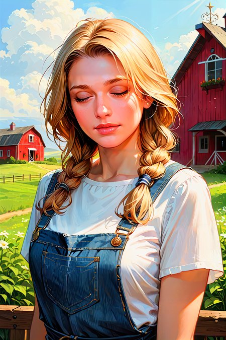 score_9_up, score_8_up, score_7_up, best quality, ultra highres, Casual, shiny skin, detailed, detailed background, detailed face, (realistic face), 
1girl, meadow environment, late afternoon environment, rustic theme, soft sunlight over the meadow, standing near an old barn, warm natural lighting
BREAK
wildflowers scattered across the meadow, an old wooden barn with a red roof, rolling hills in the distance, a few cows grazing lazily
BREAK
1girl, long hair, braided with loose strands, golden blonde hair, country style, simple white blouse, denim overalls, playful emotion, eyes slightly closed in laughter, 
(ultra realistic, 32k, masterpiece:1.2), (high detailed skin:1.1), (high quality:1.1), , bokeh, luminescent background