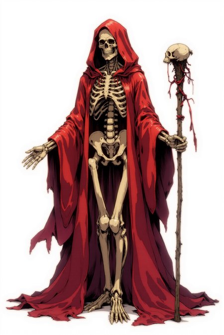 <lora:Dark_Gothic_Comic_style_r2:1> DGC style digital illustration. This hauntingly elegant character design portrays a skeletal figure enshrouded in a voluminous crimson cloak, blending ethereal grace with an unsettling sense of mortality. The bones are rendered with meticulous detail, each rib, vertebra, and joint forming a framework of delicate yet unyielding fragility. The pale, weathered appearance of the skeleton contrasts starkly with the deep, rich reds of the cloak, which cascades like liquid silk, its folds flowing outward in a dramatic display of movement and energy. Thin, vein-like patterns subtly weave through the fabric, giving it an organic, almost lifelike quality. The figure's skull is tilted slightly, as if observing with quiet authority. Its hollow eye sockets and fixed, skeletal grin evoke both a timeless wisdom and an unspoken menace. The hood of the cloak frames the skull, creating a silhouette reminiscent of a grim reaper, yet the softness of the fabric and the luminous highlights imbue the character with an air of mystique rather than overt terror. In one skeletal hand, the figure holds a gnarled staff, crafted from bone and adorned with a broken pelvic bone at its apex, symbolizing both creation and decay. Fine cracks and imperfections in the skeletal structure and staff enhance the weathered, ancient feel of the character, as though it has endured centuries in this spectral form. The stark white background emphasizes the figure's isolation and timelessness, drawing focus to the interplay of light and shadow across the translucent folds of the cloak and the intricate texture of the bones. This spectral design embodies a balance of power, elegance, and mortality, a figure that is as captivating as it is foreboding.
