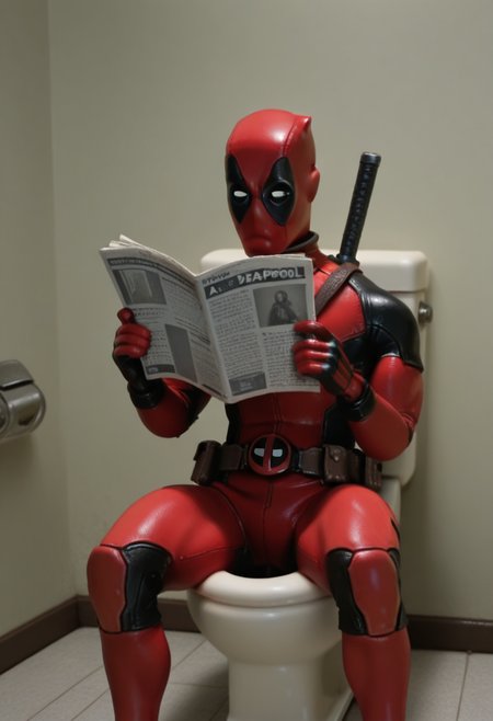 r0b0style, 3d figure,   masterpiece, best quality, solo,                      deadpool, sitting on the toilet, reading a newspaper, 