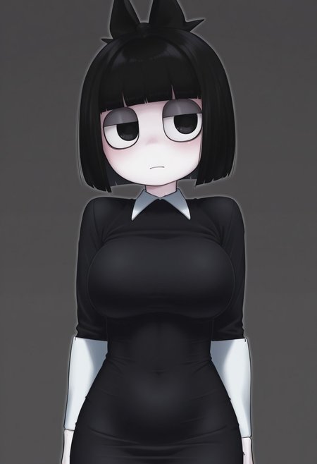 1girl, solo, creepysusieILL blunt bangs, black hair, short hair, long, black dress, black eyes, bob cut, big eyes, round race, pupet girl