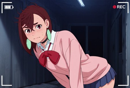 Score 9, Score 8, Score 7, Masterpiece, Superior Quality, Amazing Quality, Masterpiece, Maximum Quality, Ultra-detailed, Alone, White Frame, Maximum Contrast, Saturated Color, Bright Colors, Dynamic Lighting, alone, 20 years old, female body,
ayase_momo,
ayasemomo, hair between eyes, crossed bangs, green earrings,  brown hair, red eyes, black choker, short hair, white shirt, red bowtie,pleated skirt,school uniform, pink cardigan, long sleeves,
recording video, in an abandoned hospital, at night, nervous, afraid, flashlight in hand,