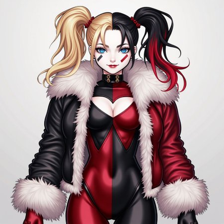 1girl,multicolored hair,blonde hair,black hair,red hair, highlighting,twintails, blue eyes,multicolored clothes, fur jacket, fur-trimmed jacket, red jacket, black jacket,argyle bodysuit, red bodysuit, black bodysuit,facepaint,solo