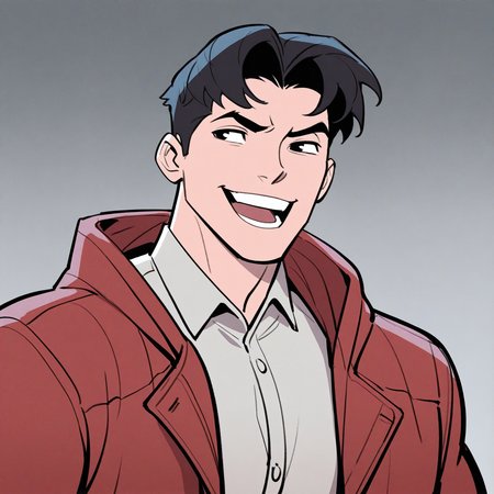<lora:TIM_DRAKE-IL:1>tim_drake, solo, smile, open mouth, short hair, simple background, shirt, black hair, long sleeves, 1boy, jacket, white shirt, upper body, male focus, :d, open clothes, teeth, collared shirt, hood, grey background, black eyes, coat, parted bangs, looking to the side, gradient background, buttons, hood down, grey shirt, red jacket, meme, open coat, red coat, medium bangs, red cloak, open jacket, v-shaped eyebrows, thick eyebrows, hooded jacket, twenty-something, muscular, western comics (style), motion blur, film grain, abstract, natural lighting, fantasy, cinematic, dynamic, very awa, masterpiece, best quality, absurdres, newest, perfect quality, detailed background, intricate details, (artist:fl \(l-fl\):0.7), (artist:tooboshoo:0.7), (artist:dizdoodz:0.8)