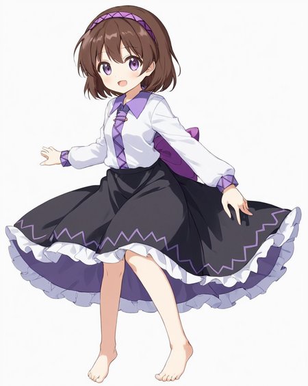 tsukumo yatsuhashi,1girl, barefoot, solo, long_sleeves, open_mouth, white_shirt, black_skirt, purple_hairband, full_body, collared_shirt, looking_at_viewer, white_background, purple_bow, :d, simple_background, instrument
<lora:tsukumo_yatsuhashi_image372_2023-12-20-000025:1>,star-shaped_pupils,symbol-shaped_pupils,. gorgeous,key visual, vibrant, studio anime,award-winning, professional, highly detailed,high budget, cinemascope