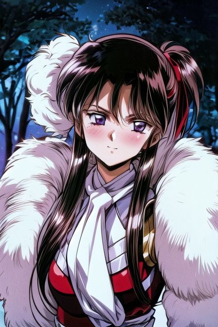 best quality 1girl Setsun4 solo long hair,  (night time) forest background black hair very long hair purple eyes multicolored hair armor, small, (fur trim) (medium body),<lora:EMS-179-EMS:0.800000>,<lora:EMS-293862-EMS:0.800000> bow, hair_bow, hair_tubes, red_bow, brown_hair, long_hair, bangs, ascot, frilled_bow, yellow_ascot, blush, smile, hair_between_eyes, athletic, armor, miko,  Smiling, happy, dragoon helmet, (helmet)