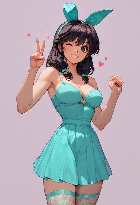 score_9, score_8_up, score_7_up, 1woman, ShampooXLP, gorgeous woman , kawai woman , cute face, cute woman, kawai girl, sexy face, green eyes, black hair, medium hair, turquoise bunny ears, black bra, turquoise  skirt, turquoise camisole, fishnet stockings, medium breasts, standing, sexy, looking at viewer, in a gamer girl room, wink, hearts, smile, victory pose, pin up,