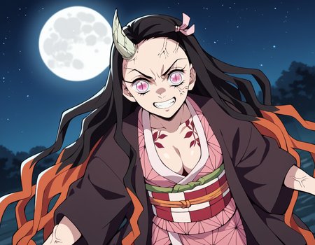 score_9, score_8_up, score_7_up, source_anime,
nezukokamado, <lora:nezuko-kamado-anime-ponyxl-lora-nochekaiser:1>,
nezuko kamado, black hair, forehead, hair ribbon, long hair, multicolored hair, pink eyes, orange hair, slit pupils, wavy hair, two-tone hair,
cleavage, japanese clothes, horns, kimono, sash, obi, demon girl, angry, single horn, veins, pink kimono, cracked skin, checkered sash, tattoo,
outdoors, night, landscape, moon, starry sky, bent over, smile,
solo, dutch angle, looking at viewer, cowboy shot,