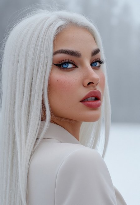 cinematic upper body photo, Dramatic Shadow with a Bold Look, Mysterious Oriental Beauty, FE 85mm f/1.4 GM, ISO 100, excellent dynamic range, beautiful woman, daylight, snow, white winter background, snowing sky, makeup, natural youthful glow. White modern clothes, straight white hair cascading down her shoulders, Her eyes are almond-shaped and striking blue ,accentuated by thick ,eyeliner. Her eyebrows are well-groomed,framing her eyes. arctic circle snow drift, snowing, snowflakes, cold, chill bumps, approaching perfection, dynamic, highly detailed, smooth, sharp focus, intricate details, shallow depth of field, vignette, high budget, bokeh, cinemascope, moody, epic, gorgeous, film grain, grainy,(skin texture:1.4) 
adorned with cascading vines and blooming flowers,.,<lora:Esc_Makeup:0.4>, Extreme emphasize on photorealistic, realistic detail, realistic reflection detail and realistic background detail.
