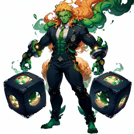 (simple background:1.2), ( white background:1.2), detailed eyes,  full body, looking at viewer, scifi,(monster girl:1.1),monster girl, athletic, , smug, green skin , boy, green eyes, yellow hair, necktie, (academy uniform:1.1), trousers, multicolored, (lifting a giant cube), skin, colored skin, long hair, yellow strands, green hair,  <lora:worldoffire:1> worldoffire