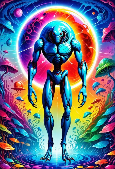 --(very aesthetic, best quality, ultra detailed), intricate details,
masterpiece, perfect, award winning, prize winning, concept art, Jed-Spl4sh, 
alien space creature, segmented body, multiple eyes,  techno insectoid, pudgy limbs, shiny body, chitlin, antenna, reflective body, alien planet, lush wildlife, colorful, vibrant colors, color contrast, bold lines, crisp lines, sharp lines , asymmetrical,