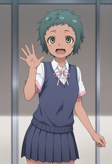 1girl, brown skin, green eyes, green hair, very short hair, solo, school uniform, pleated skirt, vest, short sleeves, pink ribbon, waving, blush stickers, open mouth  <lora:Tamao_otome_kai:1>, masterpiece, best quality, amazing quality, very aesthetic, absurdres, highres, newest