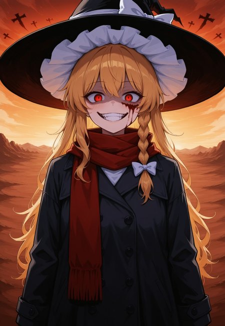 best quality,amazing quality,very aesthetic,absurdres,newest, huge filesize,masterpiece, best quality, good quality, newest,highly detail, 1girl, Marisa Kirisame /touhou/, witch hat, alone, evil smile, Sinister_Smile, shadow on the face, Red_Eyes, Black_Hat, Black_Coat, Red_Scarf, Macabre, Terror, Menacing_Smile, Disturbing_Expression, Grotesque_Style, Red_Sunset, Desert_Landscape, Orange_Sky, Mountain_Silhouettes, Painting, Intense_Colors, Dark_Contrast, upper body