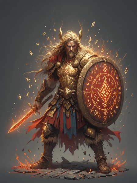 by Julie Mehretu, eclectic, by Andre-Charles Boulle, intricate gold, canvas, detailed, barbarian, fantasy, <lora:Flashfire_Glowing_Runes:0.7>, Flashfire glowing runes, full body, blue, holds a sword and shield, <lora:ral-dissolve:0.3>, ral-dissolve, <lora:Into_Darkness:0.5>, <lora:hkmagicV2:0.3>, hkmagic, red coat,