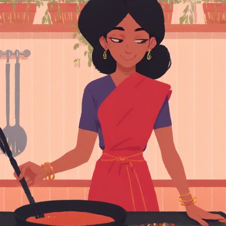 score_9, score_8, score_7, break, venba, dark-skinned female, earrings, black hair, bindi, bracelet, short sleeves, purple shirt, red sash, skirt, kitchen, cooking, smile