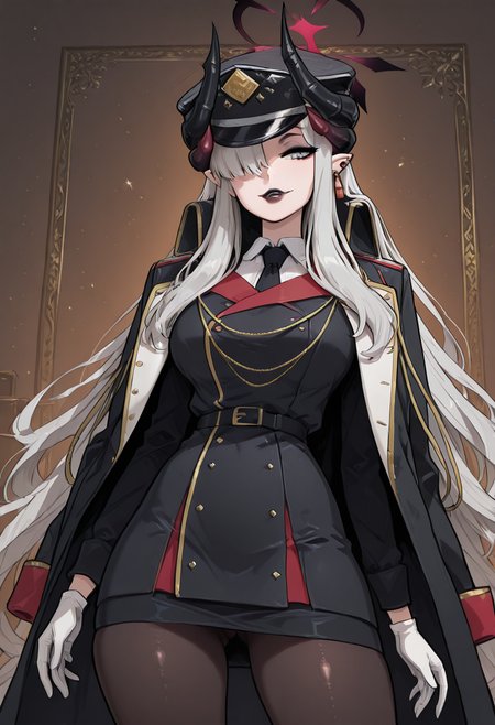 masterpiece, best quality, solo, curvy, beautiful eyes, narrow waist, wide hips, 1girl, solo, smile, looking at viewer,  zzMakoto, horns, long hair, grey hair, demon horns, black horns, halo, multiple horns, pointy ears, grey eyes,    black coat, black headwear, black necktie, coat on shoulders, collared shirt, long sleeves, military uniform, white gloves, black belt, white shirt, black pantyhose, black jacket, black skirt,  <lora:HanumaMakotoBlueArchive_IXL_v1:1.0>,  , solo, looking at viewer, simple background, ass, cowboy shot, looking back, from behind, hair over one eye, lips,  skindentation, makeup, piercing, cross, lipstick, ear piercing, eyeshadow, shiny clothes, gothic, <lora:ElfFio_IXL_v2:0.8>,