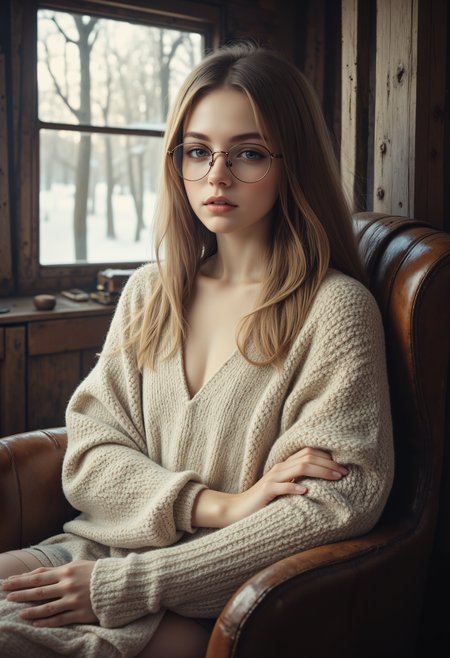 portrait of a beautiful 20-years-old european women with long, straight light brown hair, large round blue grey eyes, glossy lips, pale skin, round wire-framed glasses.
She seats on a worn leather armchair, a large frameless window on her side.
She wears a loose long sleeveless very loose-knit thick white wool sweater with a deep v-line, short thick wool socks.
The background is an old hunters cabin, the girl is holding a book. Outside thw window a beautiful snwoy scene on a sunny day
dreamwave, aidmaMJ6.1