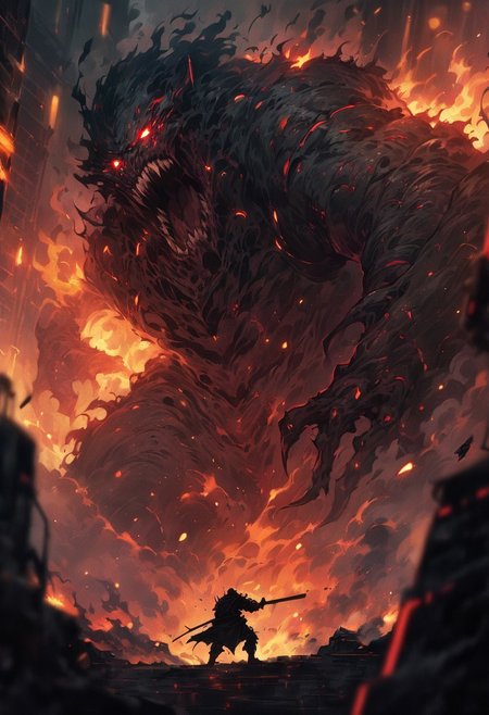 dark cyberpunk, cyber-samurai, action pose, fighting the monster, huge monster, (fire and smoke pillar), (masterpiece), (best quality), (ultra-detailed), very aesthetic, illustration, perfect composition, intricate details, absurdres, (anime, masterpiece, intricate:1.3), (best quality, hires textures, high detail:1.3), (4k),(incredibly detailed:1.4) 
masterpiece:1.2, best quality:1.5, highly detailed, depth of field, cinematic lighting, intricate, 8k wallpaper, cg, sharp focus, glowing, intense