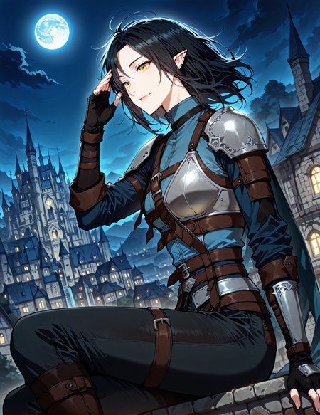 <lora:Helen_Shard__The_Beginning_After_the_End__Illustrious:1>
1 girl, solo, elf, pointy ears, black hair, medium hair, yellow eyes, blue shirt, pants, fingerless gloves, armor, shoulder armor, belt, ear piercing,
blue shirt, pants, fingerless gloves, armor, shoulder armor, belt, ear piercing,
score_9, score_8_up, score_7_up, very aesthetic, source_anime, detailed, high quality, beautiful, masterpiece, detailed eyes, castle, village, blurry background, cityscape, pose dynamic angle, light smile, open mouth, hand on hair, sitting, floating hair, night, blue moon, <lora:iLLMythG0thicL1nes:1>