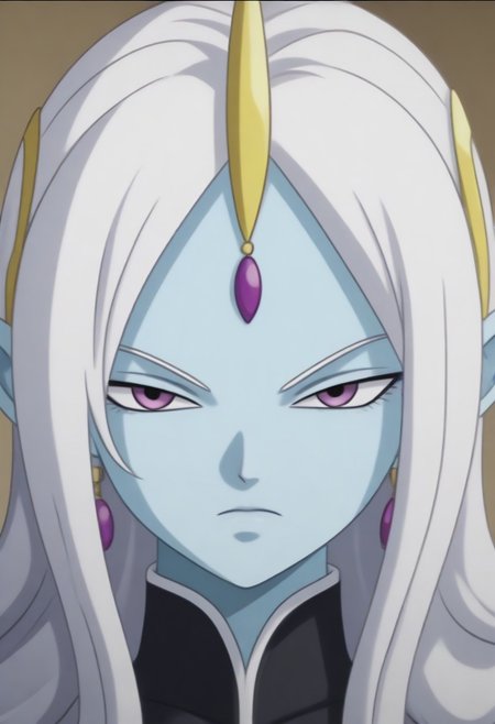 Masterpiece, Top Quality, source_anime, anime screencap, source_anime, auratheguillotine, anime screencap, masterpiece, source_anime, shiny skin,,,,towa(dragon ball), pointy ears, colored skin, blue skin, long hair, purple eyes,white hair, hair ornament, jewelry,