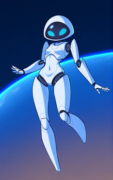 best quality, absurdres,full body,<lora:BolivanteStyleITS:0.8>, <lora:EVEITS:0.8>, EVEITS, EVEITS, robot, humanoid robot, blue eyes, no mouth, white skin, screen face, robot joints,slim, featureless feet,slim,breast, flying, space, planets, stars,knee up, female