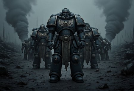 "An ultra-realistic digital painting of Warhammer 40k Primaris Marines in Mark X Power Armor, shown in a full-body, close-up view against a dark, chaotic battlefield. The towering Space Marines stand amidst scattered futuristic debris, shadowed craters, and a desolate landscape under a misty, cinematic atmosphere. The armor is intricately engraved with detailed engravings that catch the light, emphasizing each engraved edge and panel. Realistic lighting and shadows play across their formidable armor, accentuating every detail in high definition. The background is filled with desolate details: scattered wreckage, faint mist, and deep shadows that create a haunting and war-torn environment. A subtle film grain overlay and reversal film effect add a gritty texture, giving the piece an official art style. 32k resolution quality with cinematic atmosphere."