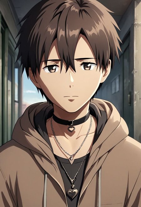 high resolution, solo, best quality, 1Boy, Takaki Toono, Brownish Hair, Brown Eyes, bangs, necklace, choker, hair between eyes, Hoodie, OverallDetail