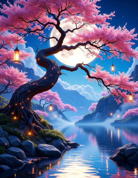 A breathtaking fantasy landscape illuminated by a full moon, its radiant glow casting a soft ethereal light across the scene. Surrounding the moon, delicate pink cherry blossoms drift gently in the night breeze, their petals glowing faintly as they descend. An ancient Japanese-style bonsai tree stands proudly in the foreground, its curved branches elegantly reaching toward the sky. Tiny luminescent orbs, resembling fireflies, pulse with golden light along the textured bark, creating an enchanting, mystical aura.  
Below, the waterâs surface reflects the moonâs brilliance, rippling gently as neon-tinted hues dance across the mirrored landscape. The surrounding environment is bathed in vibrant blues, purples, and soft pinks, blending together to create a surreal and dreamy atmosphere. Wisps of mist rise from the ground, swirling with an otherworldly glow, enhancing the sceneâs magical realism.  
The background extends into a neon-lit fantasy world, with softly illuminated floating lanterns and faint shimmering lights in the distance. Every detail is rendered in ultra-high resolution, with hyper-realistic textures and cinematic lighting emphasizing the depth and grandeur of the composition. A masterpiece of fantasy realism, blending dreamlike beauty with intricate natural elegance.
<lora:aidmaMJ6.1_v0.5_3:0.4> aidmamj6.1 <lora:DreamArtFlux:0.15> DreamArt <lora:aidmaMJ6.1v0.4:0.4> aidmaMJ6.1 <lora:FluxMythR3alisticF:0.2> R3alisticF <lora:FluxDFaeTasticDetails:0.15>  <lora:aidmaFLUXpro1.1light-FLUX-V0.1:0.4> aidmafluxpro1.1