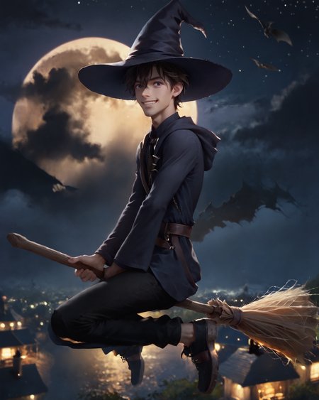 1score_9, score_8_up, score_7_up, intricate details, rating_safe, 
<lora:homri52:1>,
<lora:Broom_riding:1>,
1boy(human, full body, witch boy, very skinny, black pants, side view, shirt, slender, cute, solo, witch hat, riding a broomstick in the sky, flying, looking at the viewer, smiling, r1dingbroom, broom riding, broom), outdoors, at night, dark night, shadows, depth of field, detailed background,
<lora:ral-chrosc-clr:0.5>, ral-chrosc-clr,
<lora:Expressive_H:0.5>, expessiveH,
<lora:xl_more_art-full_v1:0.3>,
<lora:add-detail-xl:0.3>,