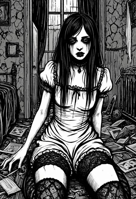 gothic, digital illustration, flat colors, line art, black and white, Mentally unstable Alice Lidell inside the asylum, disturbed, sad,