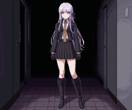 masterpiece, best quality, amazing quality,  1girl, solo,  horror \(theme\), <lora:World of Horror style:1.2> WoH, pixel art,  <lora:Kyoko  [Illustrious] - Danganronpa:0.6> DRK1r1g1r1, purple eyes, long hair, side braid, purple hair, black ribbon, hair ribbon, black jacket, open jacket, white shirt, brown necktie, black gloves, black skirt, pleated skirt, black footwear, knee boots, high heel boots