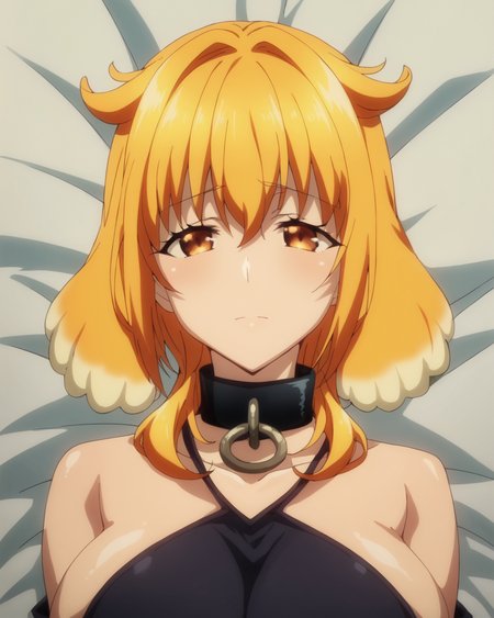 score_9, score_8_up, score_7_up, source_anime,masterpiece,best quality,highres,absurdres,official art,official style,source_anime,anime screencap,anime coloring,megami magazine,anime,animated,explicit,
huge breasts,shiny skin, <lora:Roxanne:1> roxanne, large breasts, animal ears, orange hair, dog ears, blonde hair, brown eyes, orange eyes, short hair,multicolored hair,bangs,  black collar, bare shoulders, clothing cutout, collarbone, detached sleeves,