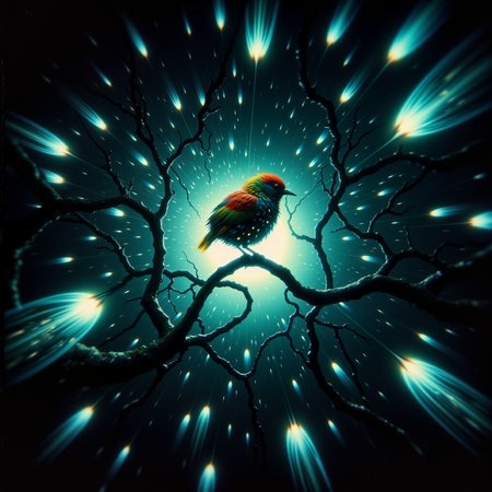 extremely detailed, golden ratio, very aesthetic, dramatic, strange and otherworldly scenery, award-winning pinhole photography, dim lighting, at night,  bioluminescence, subsurface scattering, the small "toxic grievexyggler" is a feathered creature that inhabits the dense, spiraling winklethickets of the perplexing world "nyxwood vii." its vibrant, tri-colored plumage features microscopic crystals that catch the planets teal-hued sunlight, creating a dazzling, prismatic display. the creatures are known for their habit of plinkifying as they drink from the frondal dripping  nectar globules of the ethereal orbitflowers. the biome itself is a lush, chaotic sprawl of coiling vegetation that twists and loops in gravity-defying spirals, detailed background, aidmamj6.1, <lora:midjourney_61-v0.5-flux-by_aidma:0.56> <lora:style-eldritch_pinhole_photography-flux-by_eldritchadam:0.72>